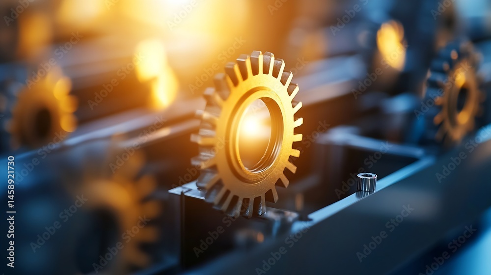 Poster close-up of a golden gear mechanism, industrial machinery detail, showcasing intricate cogs and meta