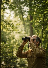 Man Birdwatching in a Sunlit Forest Using Binoculars