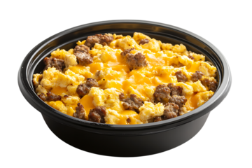 Delicious Scrambled Eggs Sausage and Cheese Bowl on transparent background