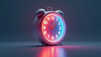 Time Anxiety. Retro black alarm clock glowing neon light, showing time, concept for punctuality, morning routine, deadline, digital age, dark background with blue and red mood lighting atmosphere