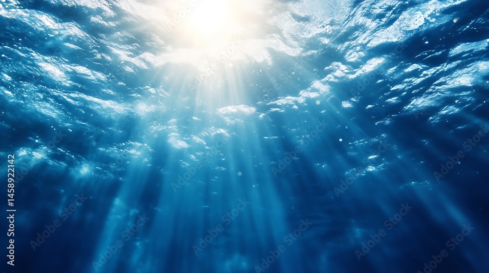 Poster sunbeams penetrate deep ocean water, creating a dramatic underwater scene with light rays and blue h