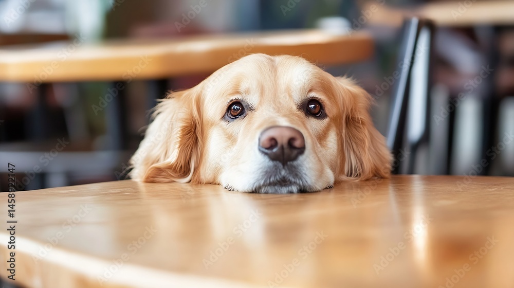 Poster Golden retriever dog resting its head on a light wood table in a cafe setting, showing its adorable face and soft fur. : Generative AI