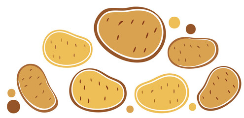 Illustration collection of brown and yellow potatoes with brown spots, perfect for packaging, menus and food blogs.