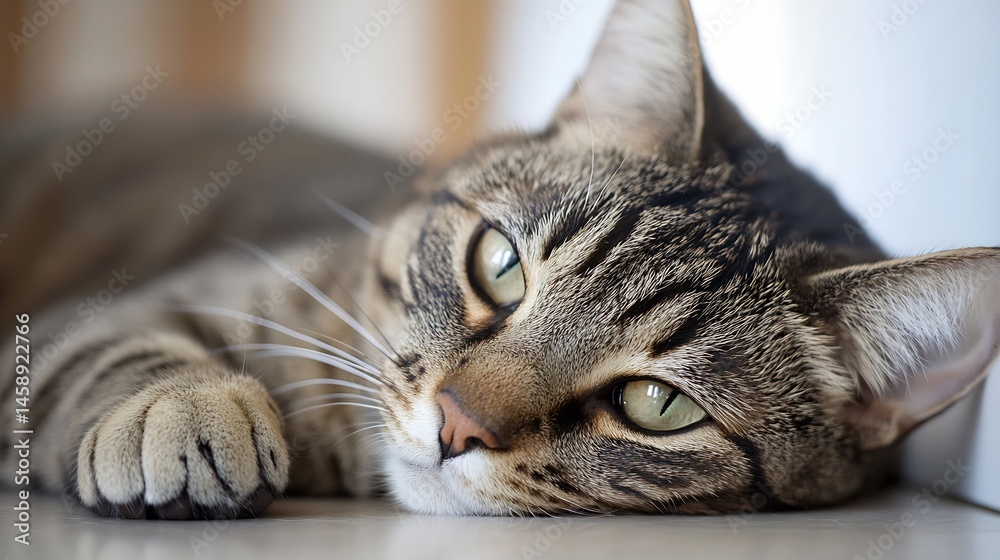 Poster close-up portrait of a relaxed tabby cat resting its head on a light surface, showcasing its strikin