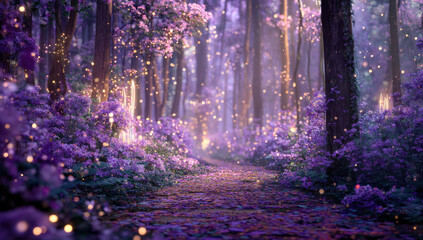 Enchanted purple forest path with glowing lights and magical ambiance, perfect for fantasy or fairytale themes.