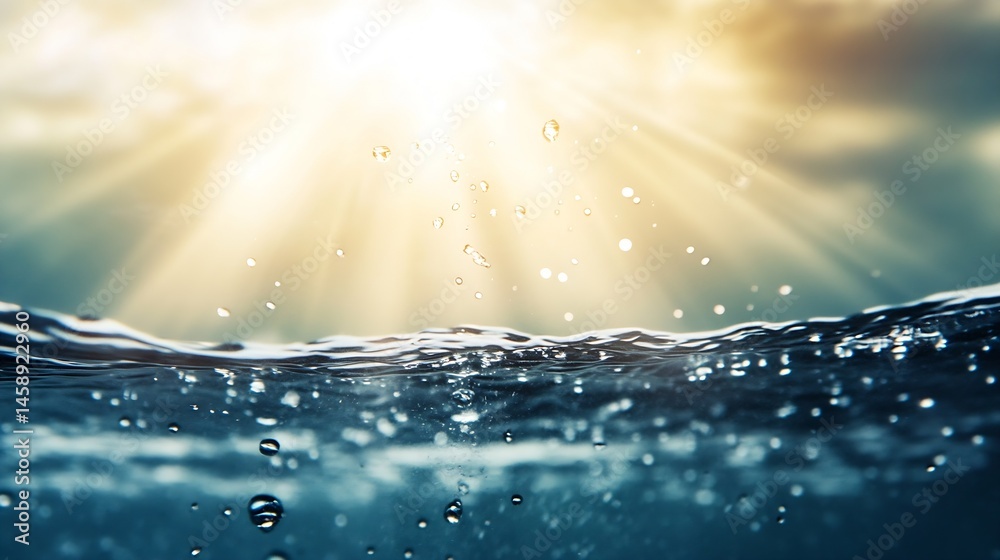 Poster Close-up view of water surface with droplets, sun rays shining through, creating a refreshing and vibrant scene. : Generative AI