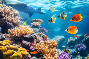 Obraz premium Colorful underwater scene depicting vibrant coral reefs and tropical fish swimming freely