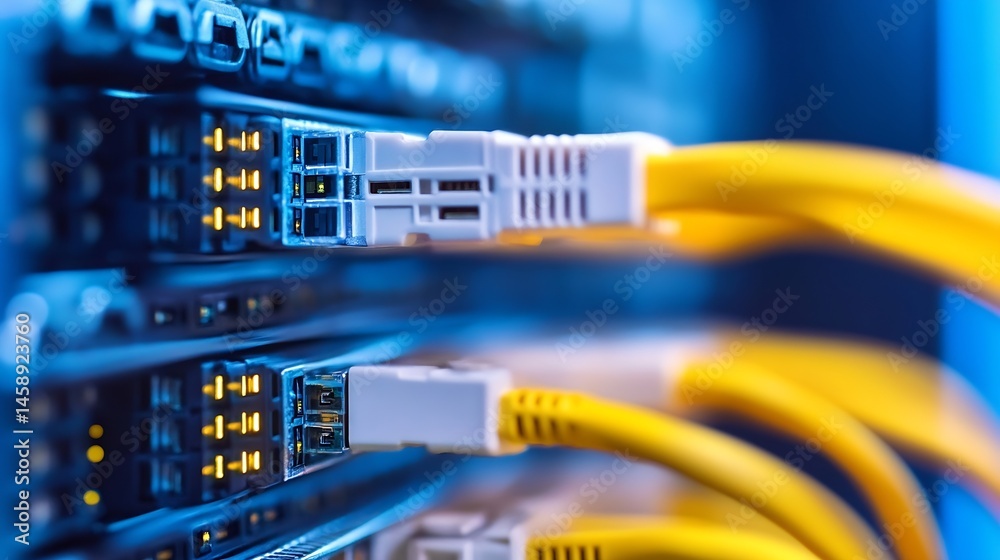 Poster Close-up view of fiber optic cables connected to a server rack, showcasing the intricate details of network infrastructure and data transfer technology. : Generative AI
