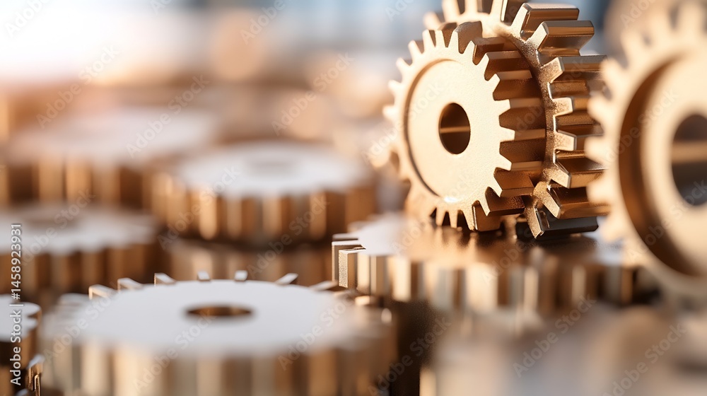 Poster Close-up of golden gears intermeshing, showcasing intricate details and mechanical precision.  A complex system of cogs and wheels, representing teamwork, industry, and engineering. : Generative AI
