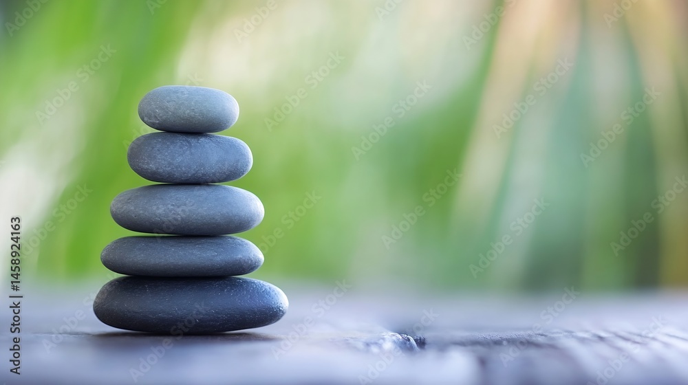 Poster serene stack of grey stones on wooden surface with blurred green background, evoking tranquility and
