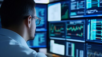 A businessman wearing glasses intently studies multiple computer screens displaying complex financial data and charts in a dimly lit office. : Generative AI