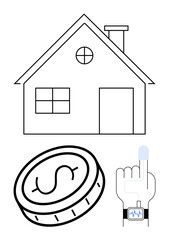 House structure indicating home, coin for finance, hand with wearable device for health monitoring. Ideal for smart living, wellness, home automation, technology, finance, healthcare simple landing