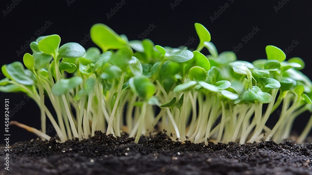 Poster close-up view of vibrant green cress seedlings sprouting from dark soil, showcasing delicate stems a