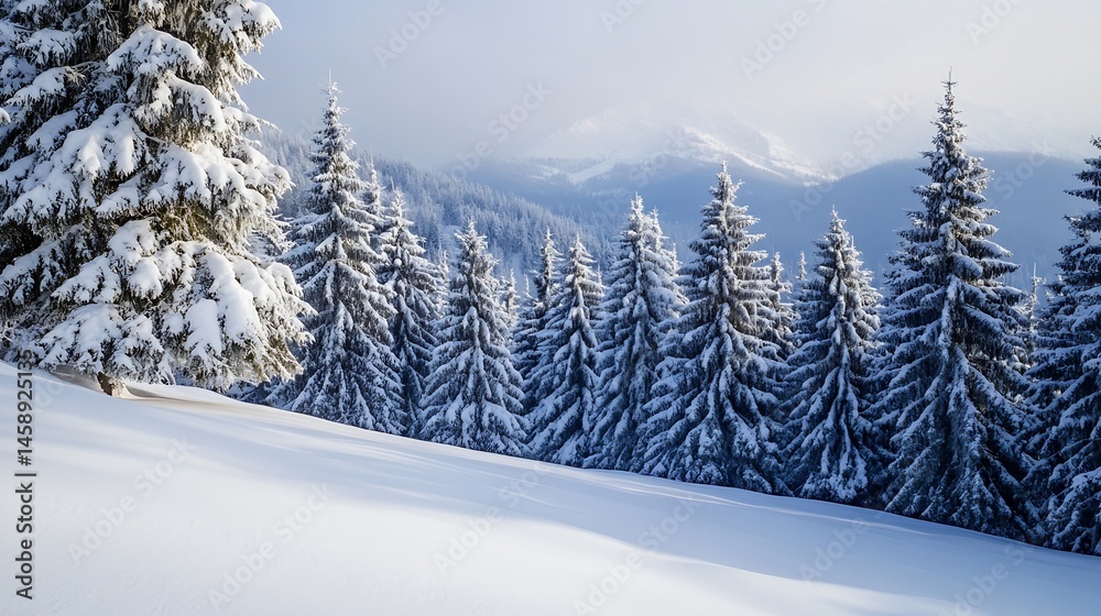 Poster snow-covered fir trees stand tall against a backdrop of snow-dusted mountains under a pale winter sk