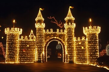 Obraz premium Illuminated christmas castle displayed at night time with festive holiday decorations