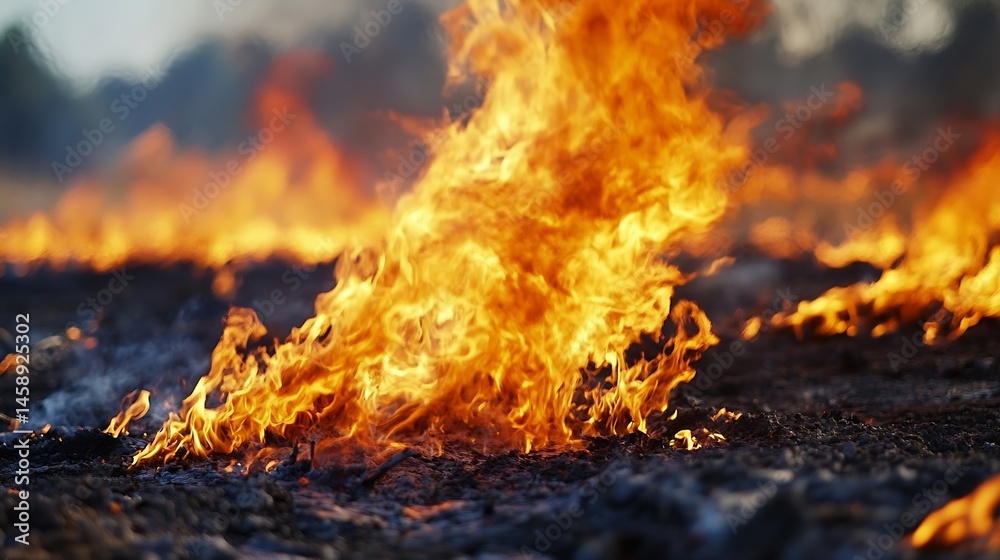Poster close-up view of intense orange and yellow flames consuming dry ground, creating a dramatic scene of