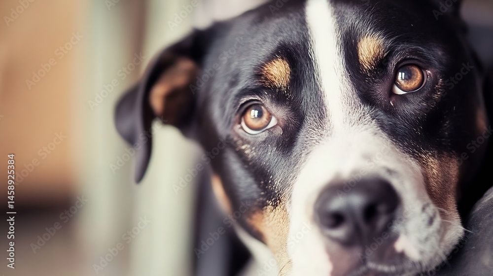 Poster close-up portrait of a curious appenzeller sennenhund dog, its expressive brown eyes gazing intently