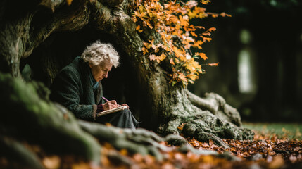 Senior person writing under a tree