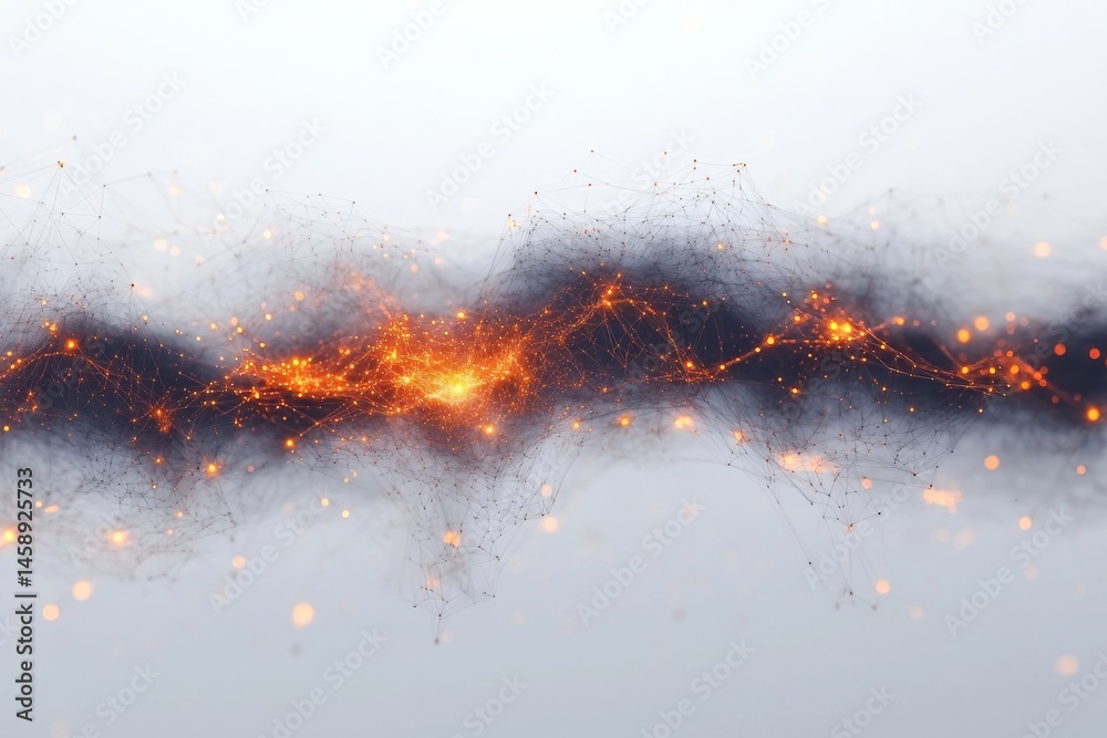 Poster abstract glowing orange nodes with dark line connections creating dynamic network data flow visualiz