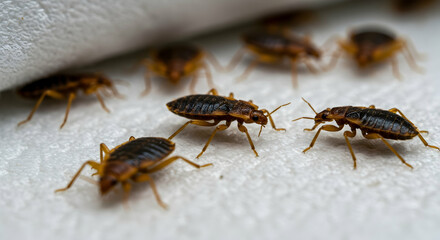 Bed Bugs Close Up Crawling on White Surface Pest Control Infestation Prevention Health Risk Domestic Problem