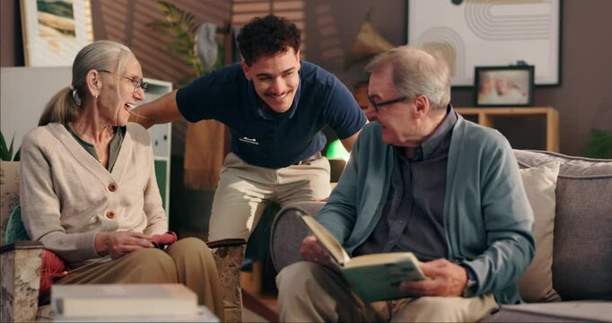 Caregiver, old people and elderly care with helping hand, talk and retirement home with knitting and reading book. Assistance, kindness and health worker with senior couple and hobbies for homecare