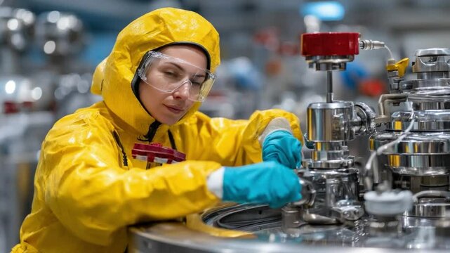 Precision in the Laboratory: A skilled technician in a protective suit meticulously works with intricate equipment, a visual ode to science and industry.