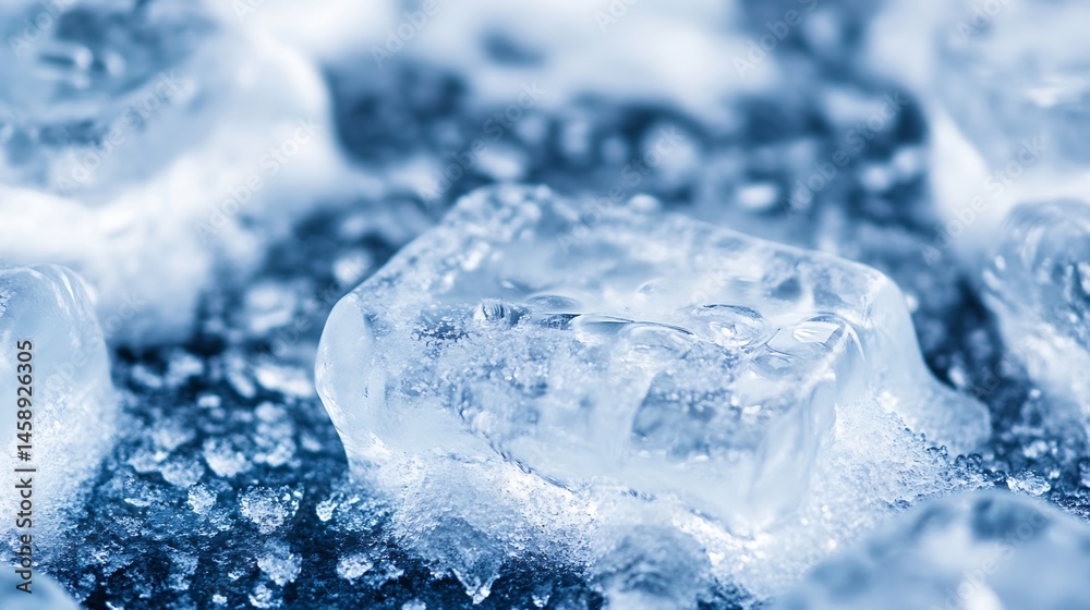 Poster close-up view of melting ice cubes on a dark surface, showcasing intricate textures and water drople