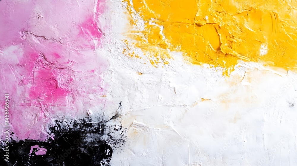 Aufkleber abstract painting with pink, yellow, and black paint strokes on a white textured canvas. the colors 