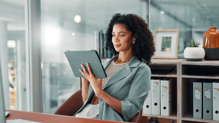 Business, african woman and tablet in office with internet connection for accounting, communication...