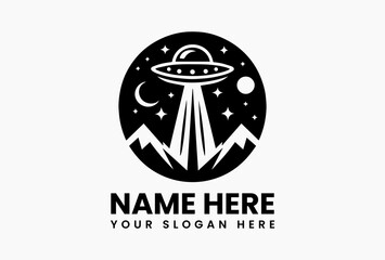 Vintage UFO silhouette with dome-shaped top and horizontal lights casting beams downward in black and white vector logo, symbolizing retro extraterrestrial mystery and science fiction aesthetics  