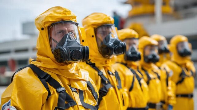 Hazmat Team in Formation: A line of hazmat suit clad workers stands ready, the intense focus etched on their faces and gas masks hinting at the hazardous work ahead.