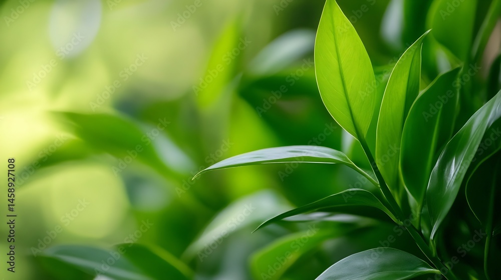 Poster close-up view of vibrant green leaves, showcasing their smooth texture and intricate details, bathed