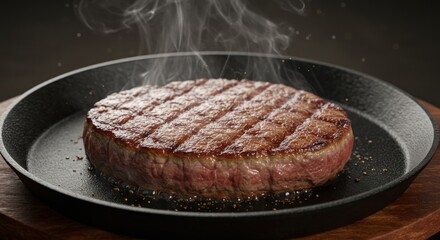Sizzling steak patty in cast iron pan