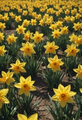 Sunlit field of vibrant yellow daffodils, petals gleaming ,  yellow flowers,  floral,  landscape