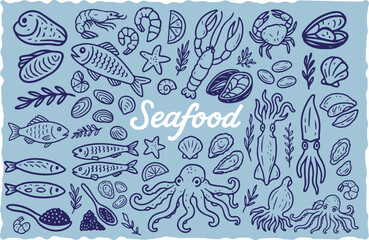 Fototapeta premium Hand Drawn Seafood Vector Set – Fish, Shellfish, Octopus, Squid, and Ocean Elements Collection