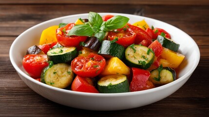 Fresh Colorful Vegetable Medley with Basil in White Bowl