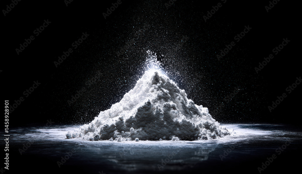 Poster a conical pile of white powder explodes with a dramatic spray of particles against a stark black bac