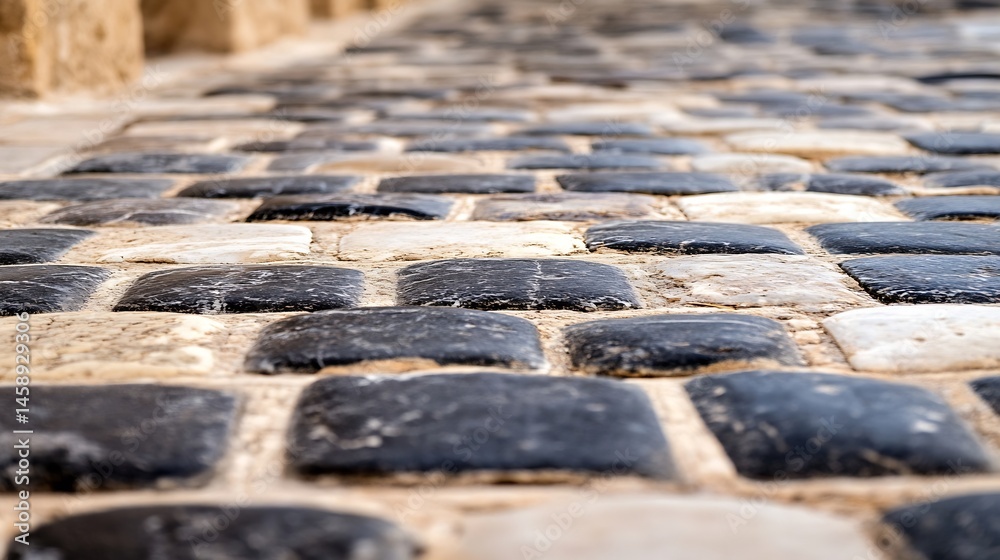 Poster Close-up view of a pathway paved with dark and light rectangular stones, showcasing a textured surface and subtle color variations. : Generative AI