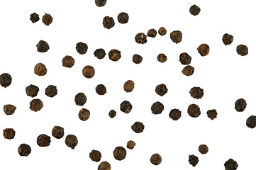 Scattered black pepper seeds isolated on a transparent background. Completely in focus. Full depth of field. PNG.