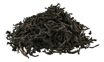 Pile black tea leaves. Dried leaf isolated on a transparent background. Completely in focus. Full depth of field. PNG.