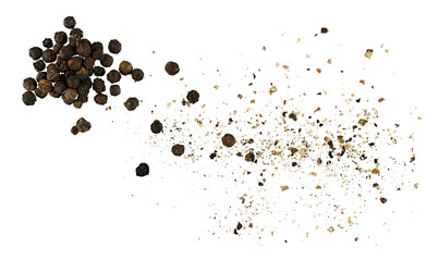 Pile of black pepper seeds and ground isolated on a transparent background. Completely in focus. Full depth of field. PNG.