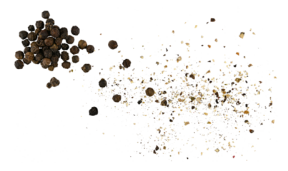 Pile of black pepper seeds and ground isolated on a transparent background. Completely in focus. Full depth of field. PNG.