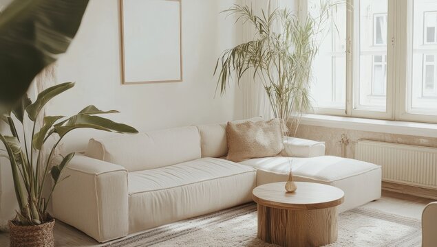 A minimalist living room with sleek furniture, large windows, and plants in modern pots. A blank frame hangs on the wall above an oversized sofa.