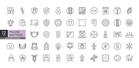 A set of vector icons representing essential pillow features for comfort, sleep health, and material quality, created in line style with editable stroke