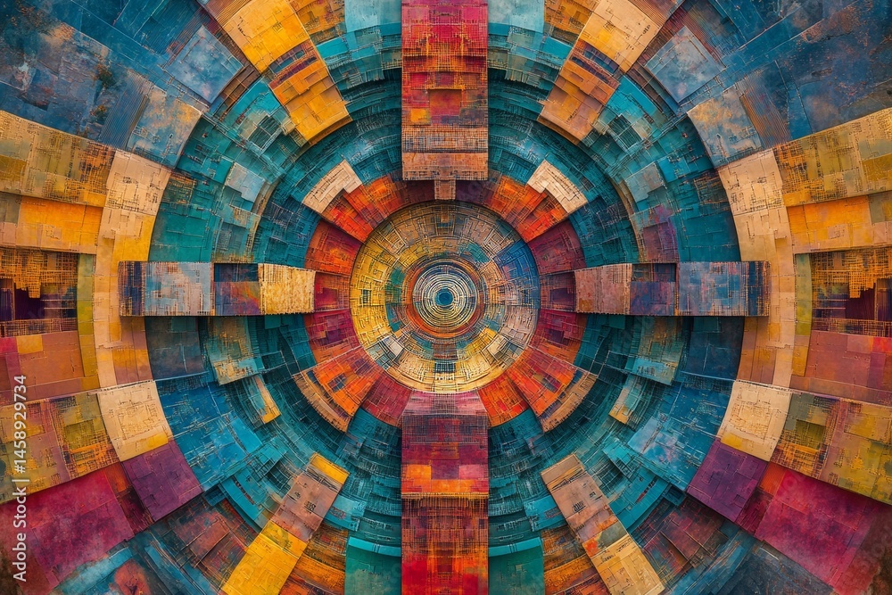 Fototapete aerial view of a detailed fractal grid with rusty texture circular and cross shapes multicolored gra