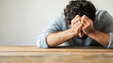 Man sitting at wooden table, head in hands, expressing sadness, despair, or frustration.  Close-up view of his arms and hands, emphasizing his emotional state. : Generative AI