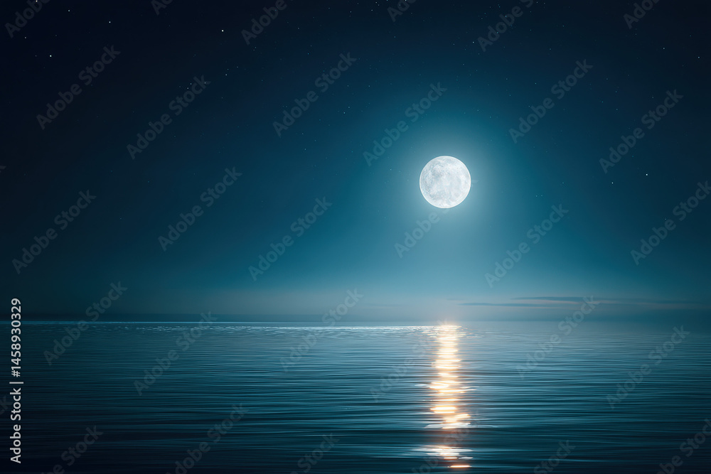 Poster serene night scene featuring a full moon reflecting on a calm ocean surface, stars visible in the da