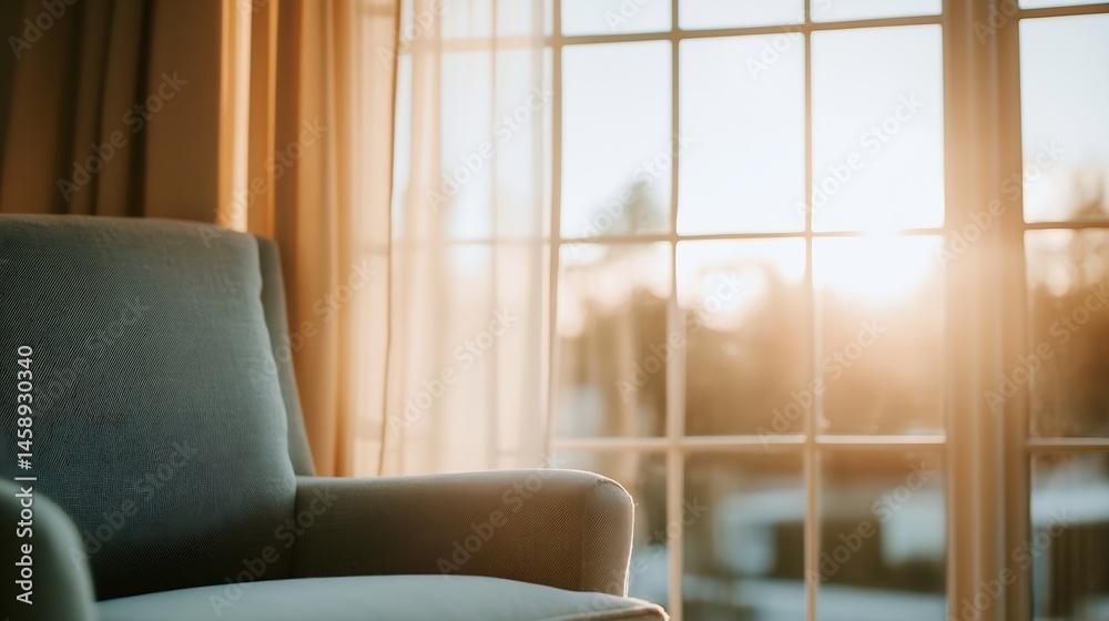 Poster serene sunrise light illuminates a comfortable armchair positioned near a large window with sheer cu