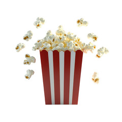 A vibrant and enticing bucket of popcorn overflowing with fluffy, white popcorn kernels against a clean, white background.