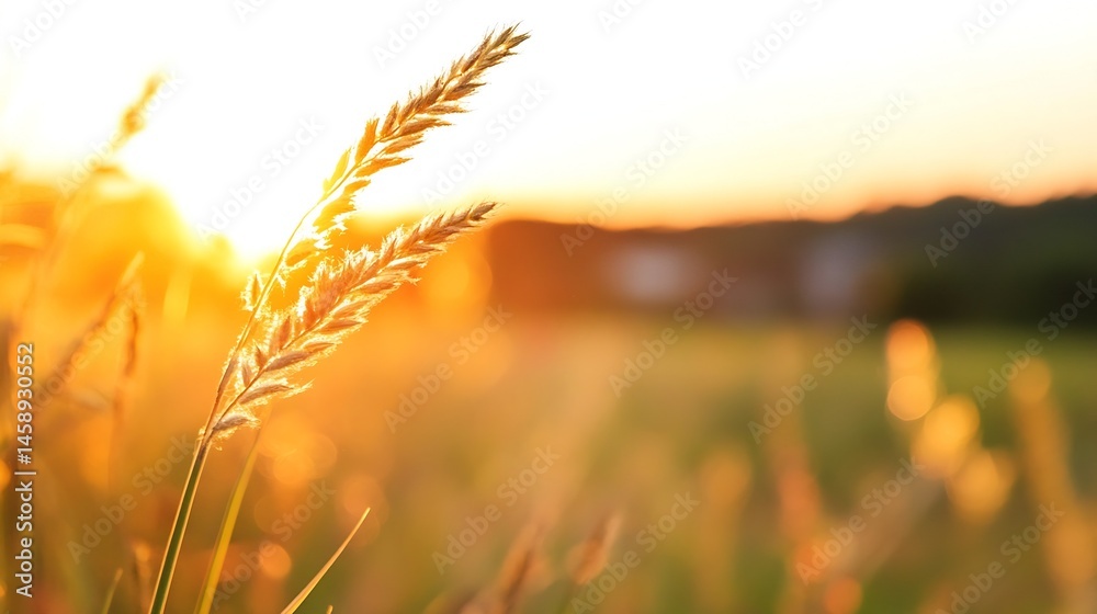 Leinwandbilder golden hour sunlight illuminates tall grass blades, creating a warm and peaceful sunset scene in a f